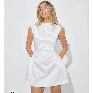 Oddmuse Satin Straight Neck Mini Dress in White